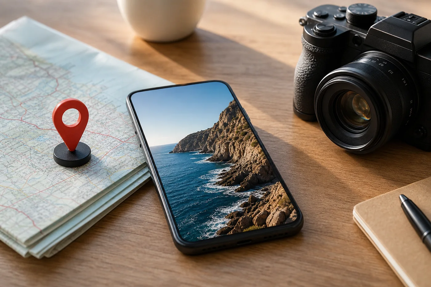 Phone, camera, map and location pin illustrating how to add GPS location to photos
