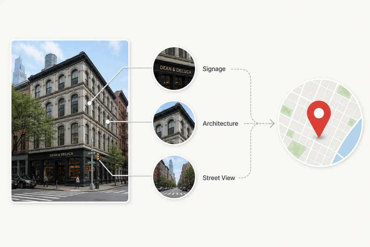 Diagram showing how signage, architecture, and Street View help find a building location from a photo