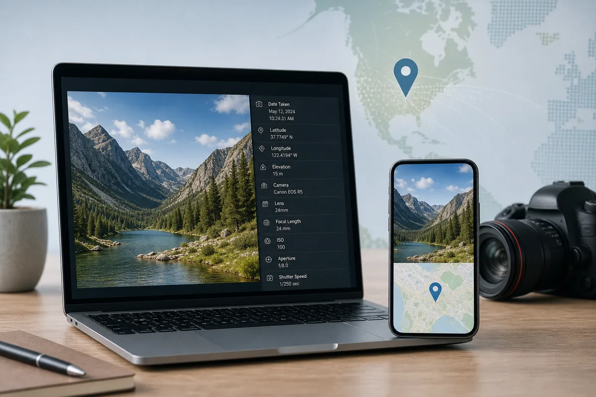 Editorial illustration of checking photo GPS metadata and map location