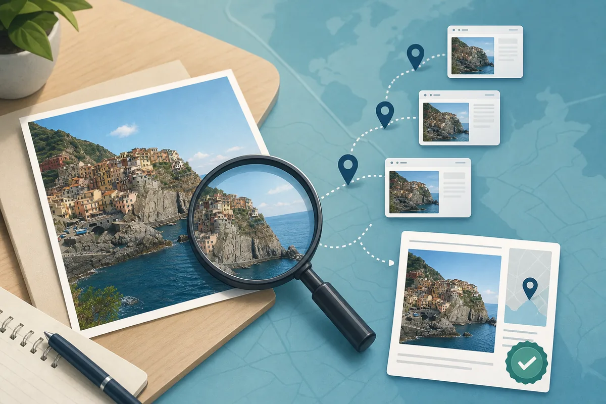 Editorial illustration of a photograph being traced to its original web source