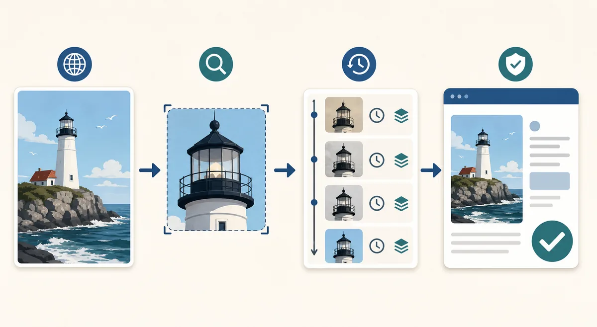 Four-stage workflow for reverse searching and verifying an image source