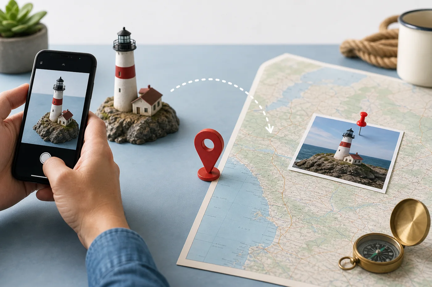 Editorial workflow showing a photo captured, matched to a map pin, and verified
