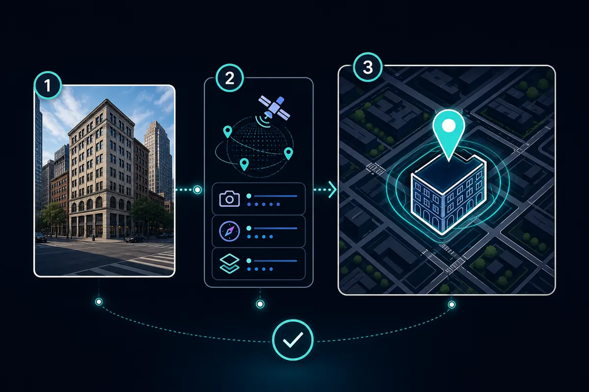 Illustration of a photo, GPS clues, and map confirmation used to verify a photo location result