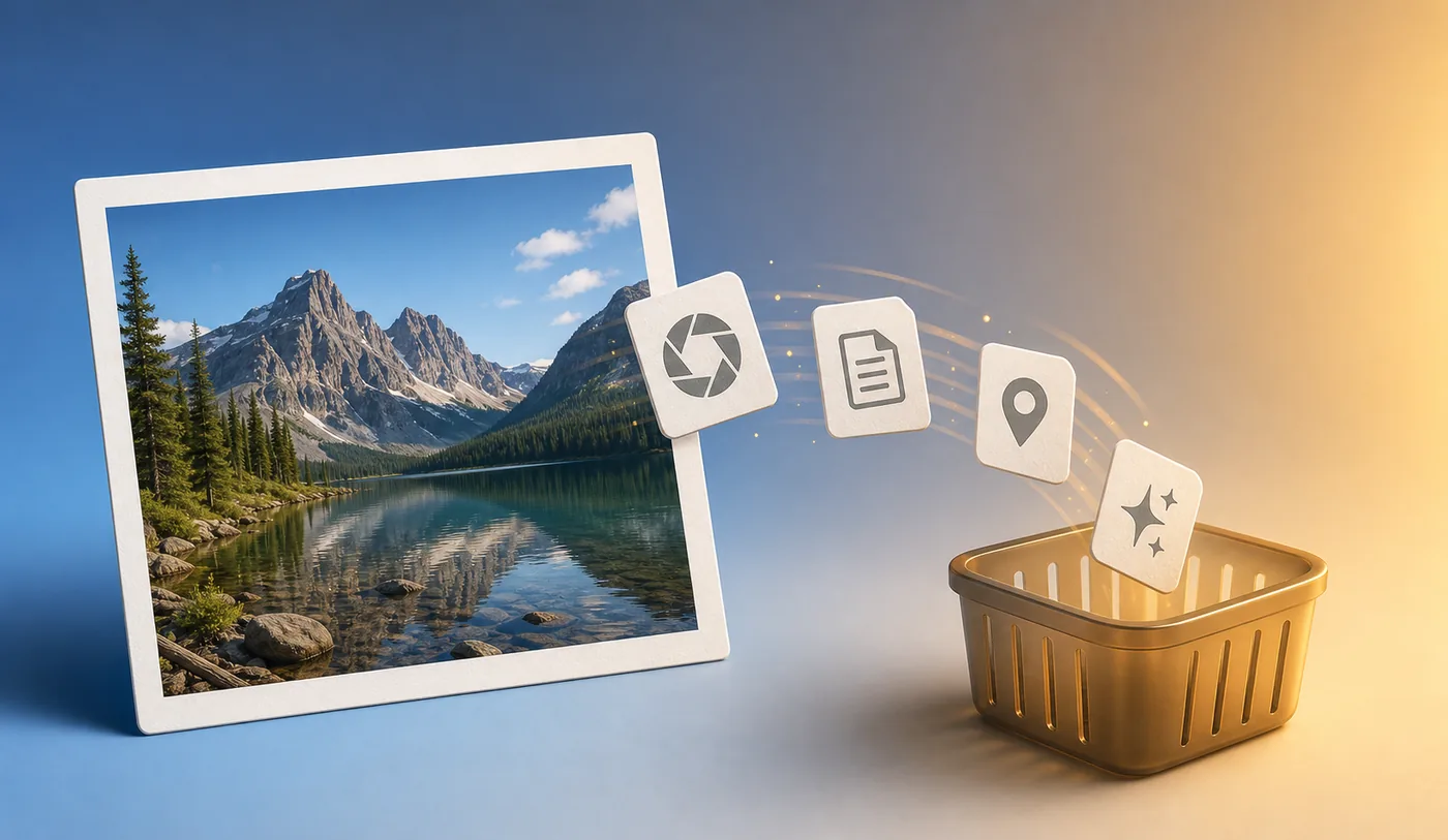 Editorial illustration of AI and photo metadata symbols separating from a mountain photo into a privacy-safe discard tray