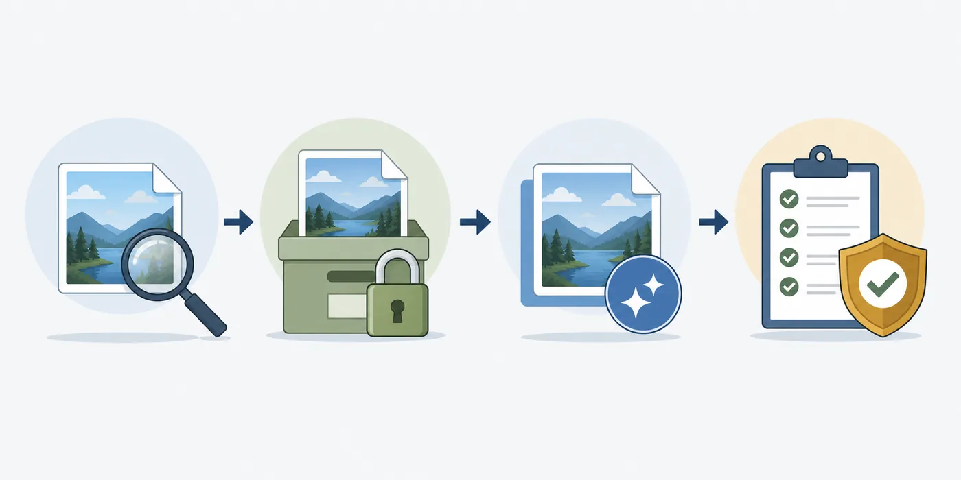 Four-step editorial workflow showing metadata inspection, preserving the original, cleaning a copy, and verifying the result