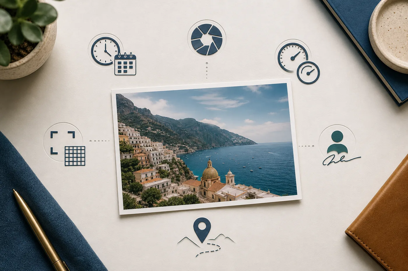Editorial illustration showing metadata clues around a travel photo
