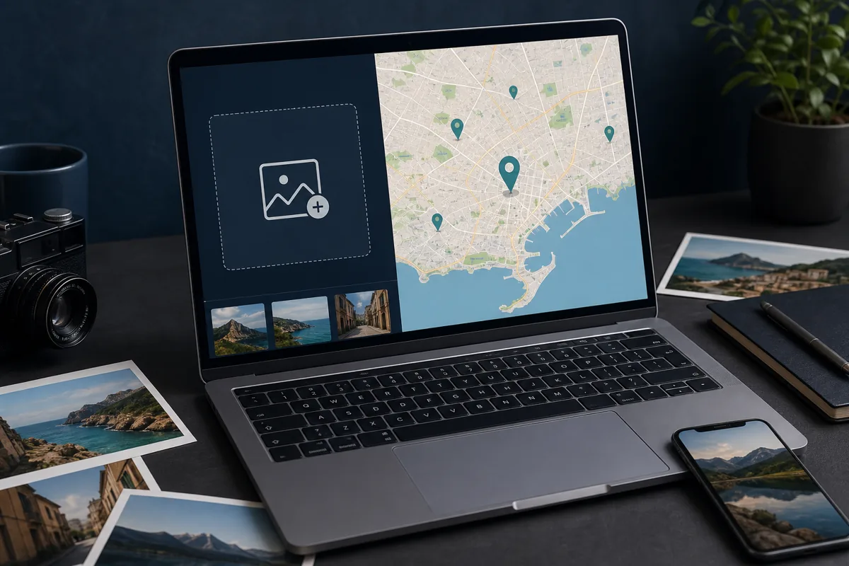 Laptop showing a photo upload area and map pins for a website that finds a location from a picture