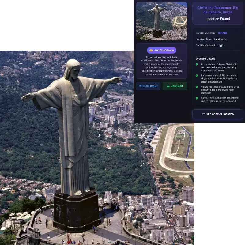 Christ the Redeemer Rio Brazil - Image location finder technology identifying famous statue and tourist destination with geographical context