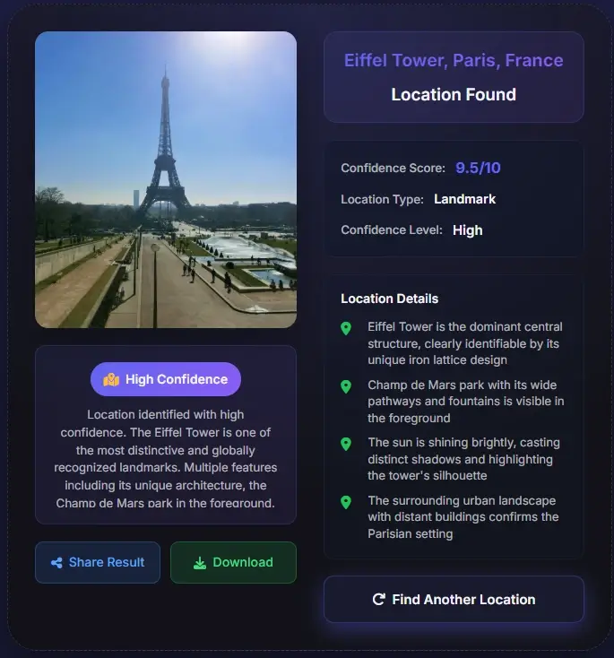 Eiffel Tower Paris France - AI location finder identified famous landmark with high confidence