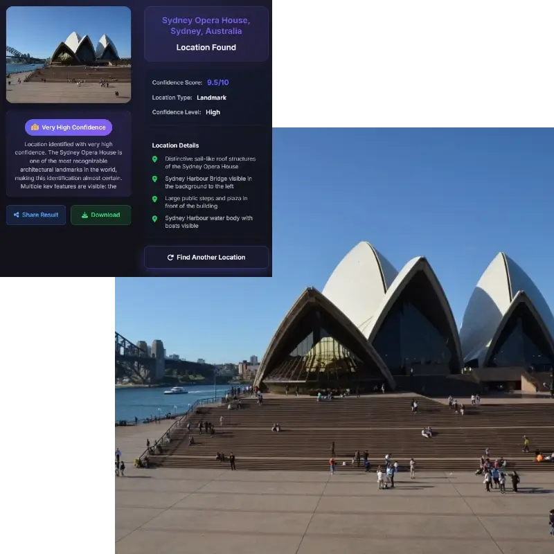 Sydney Opera House Australia - AI location finder instantly identifying iconic modern architecture and famous landmark